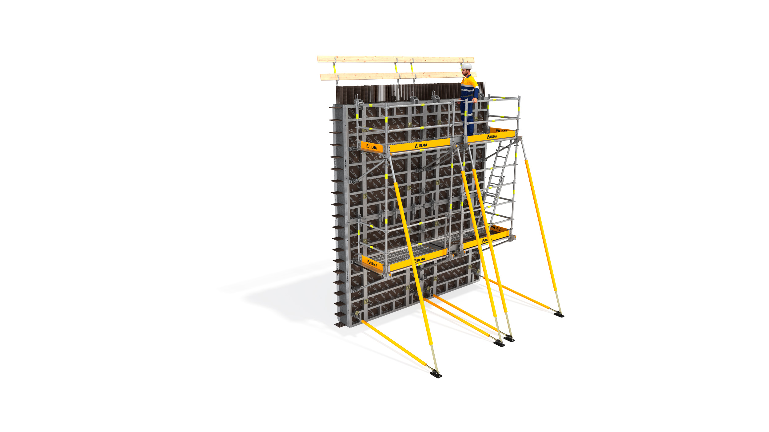 Modular aufgebauter Sicherheitsplattform, anpassbar an unterschiedlichste Geometrien. Sie wird auf dem Boden zusammengebaut. Einfacher Transport und Lagerung.