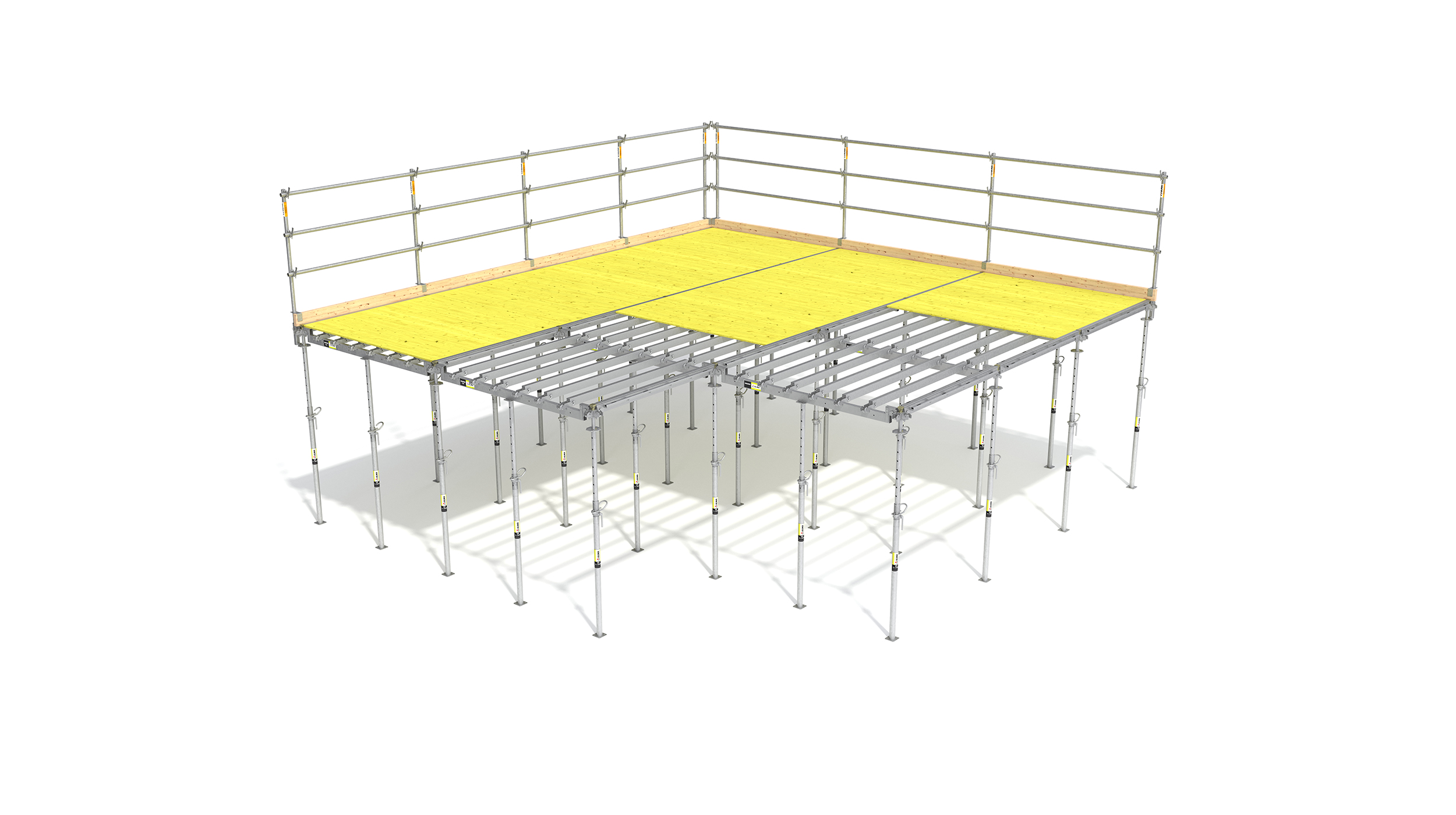 Leichtes System aus hochfestem und verzinktem Stahl mit einem Grundraster von 2,50 x 2,00 meter. Sicheres Verlegen der Schalhaut von oben, ohne PSAgA. Die Folgeversion von ONADEK, erfüllt als technische Lösung alle Anforderungen der neuen DGUV-Regel 101-014.