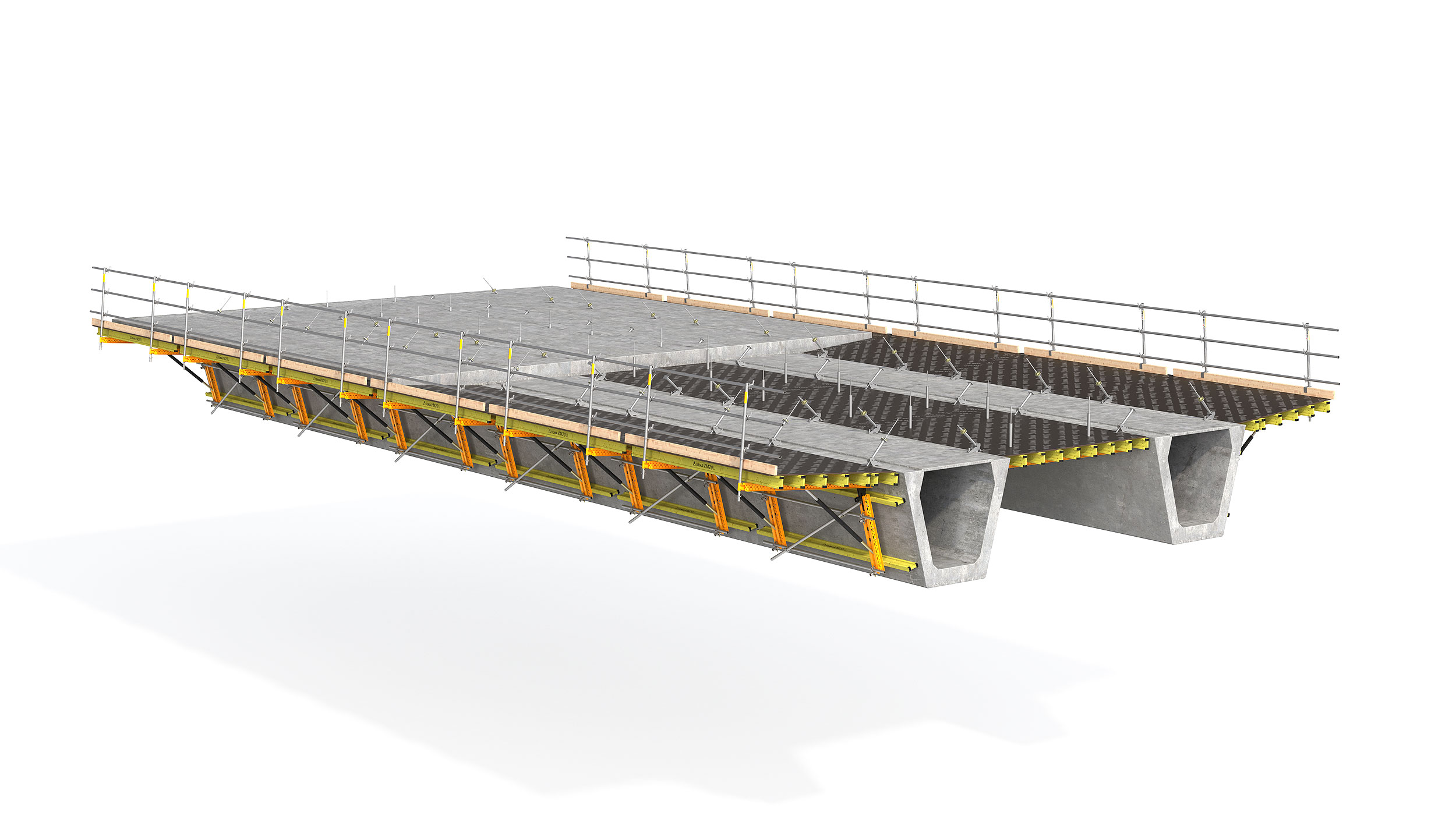 Modulare Schalung für die Flansche oder Mittelplatten von Brücken mit Metall- oder vorgefertigten Betonträgern. Highlight: die Sicherheit des Systems.
