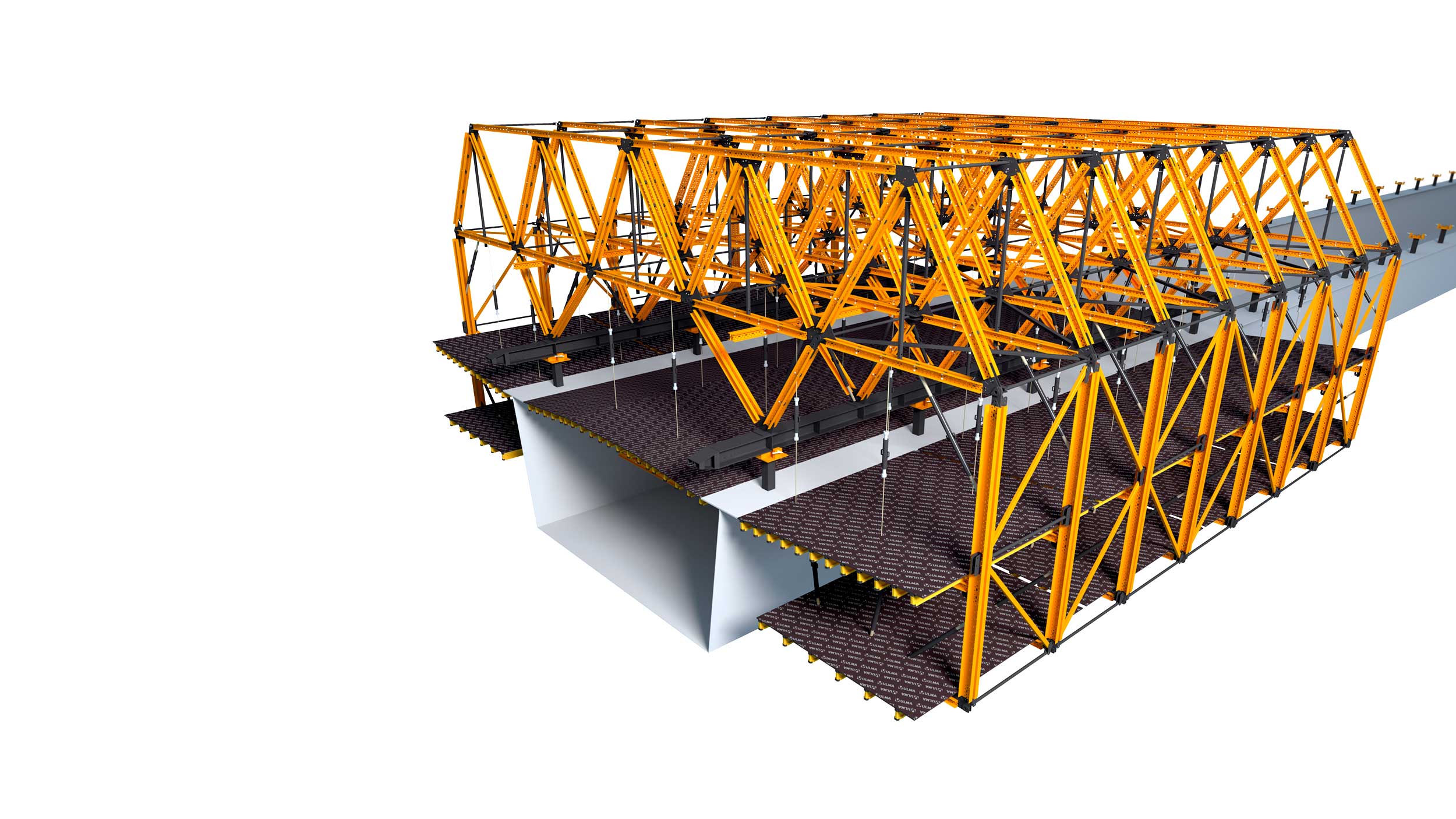 Kragarmschalung für Stahlverbundbrücken und teilfertige Betonbrücken. Highlights: für jedes Projekt konfigurierbar. Ermöglicht schnelle Arbeitszyklen.