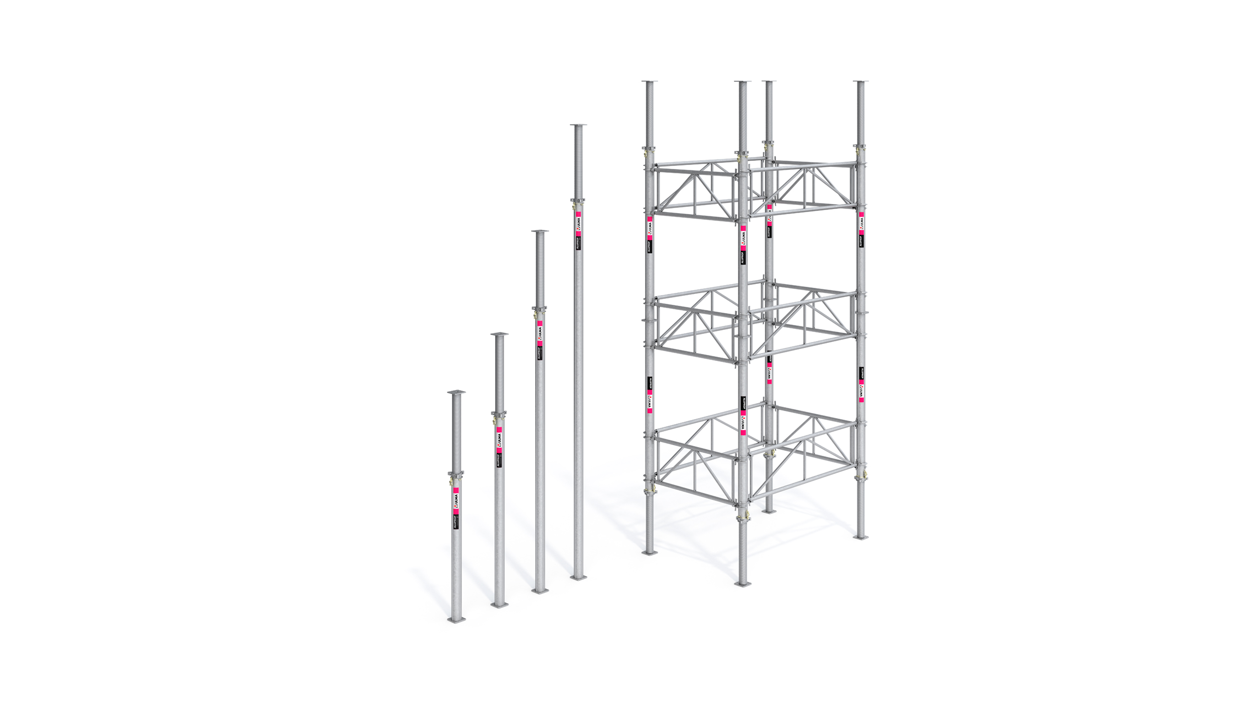 Die ULMA Deckenstützen Aluprop aus Aluminium dienen als Abstützung von Deckenschalungen und anderen Konstruktionen für den Gewerbe- und Wohnungsbau.