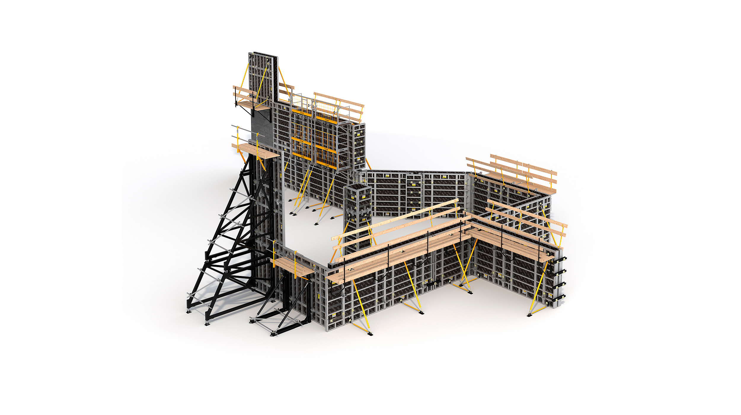 Modulares Schalungssystem für die Konstruktion beliebiger vertikaler Betonstrukturen. Highlights: hohe Leistungsfähigkeit bei minimalen Lohnkosten.